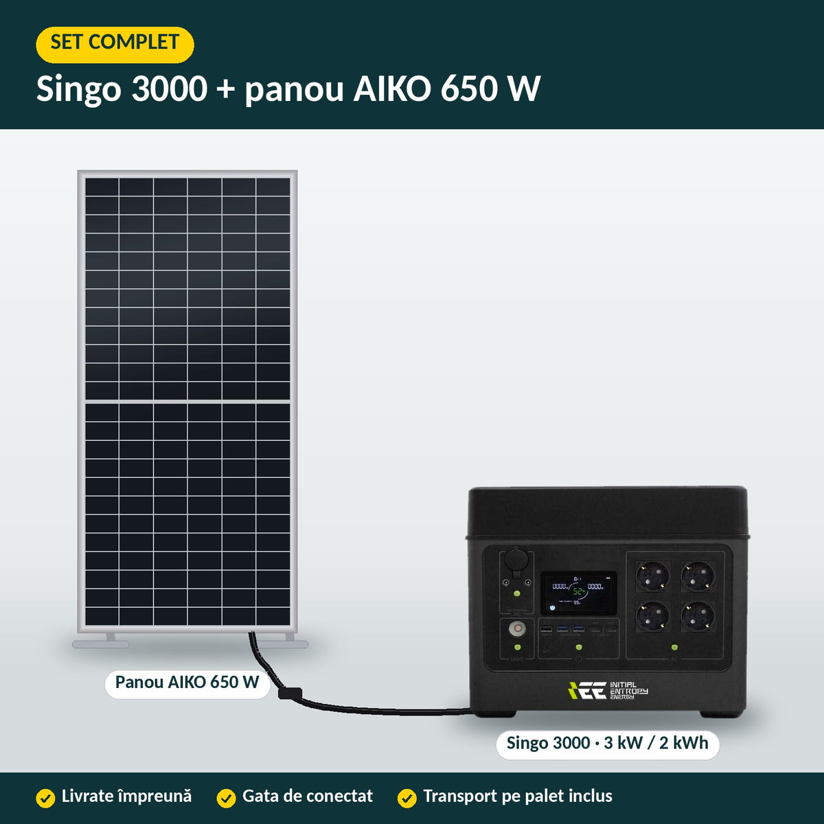 Set complet: stația Singo 3000 conectată la panoul AIKO 650 W